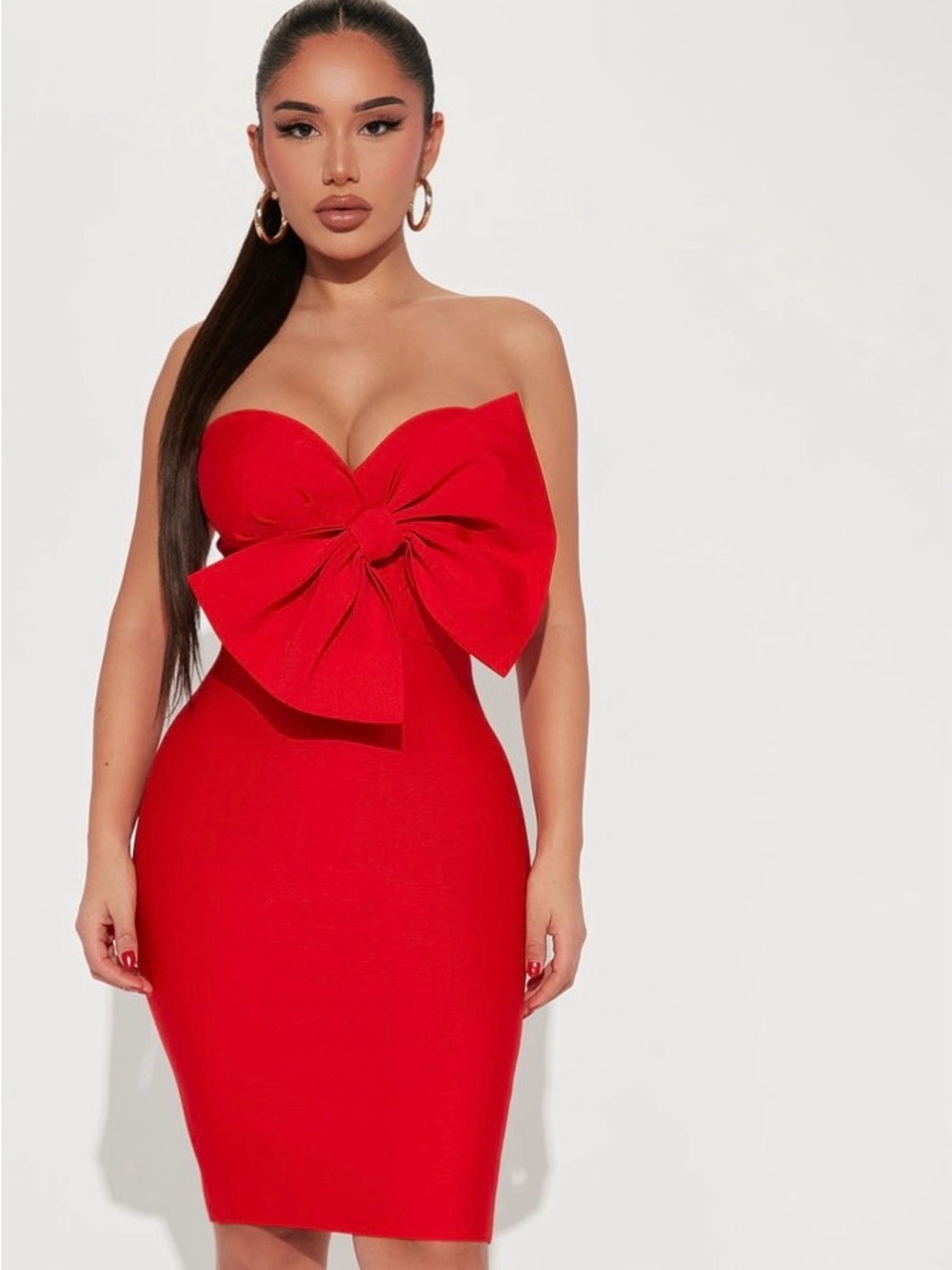 Fashion Nova Red Strapless Bow-Front Sheath Dress
